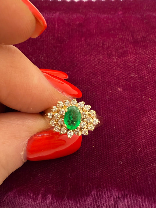 14K gold cluster ring with natural emerald and 22 diamonds, hand-held view