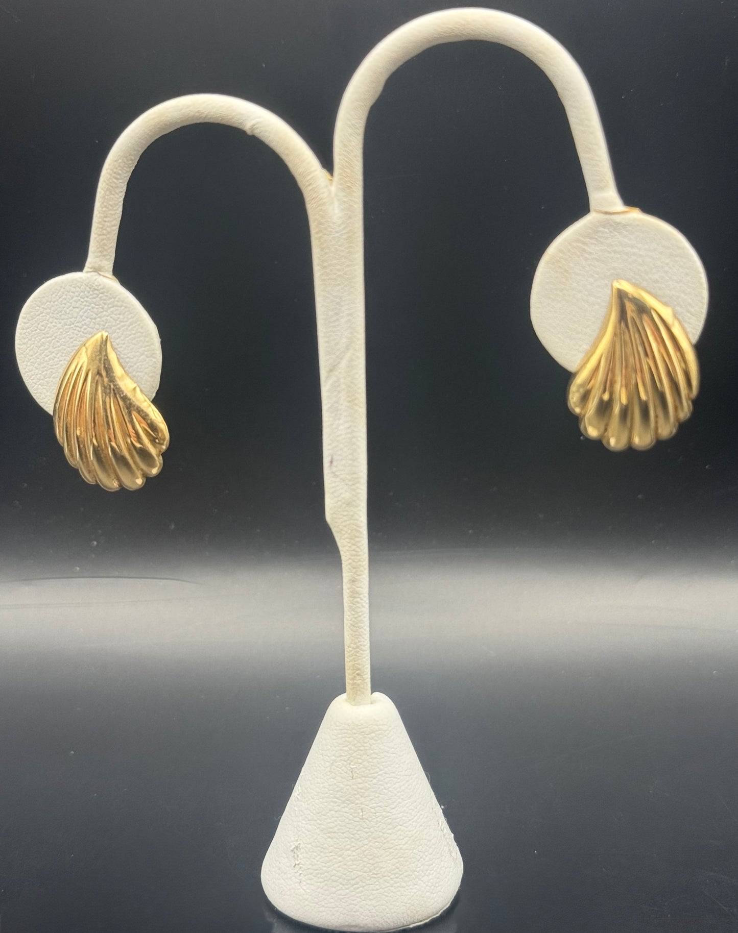 14K gold scallop shell stud earrings displayed on white stand