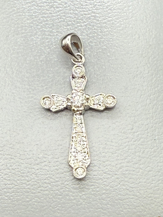 14K white gold diamond cross pendant charm – front view with intricate detail