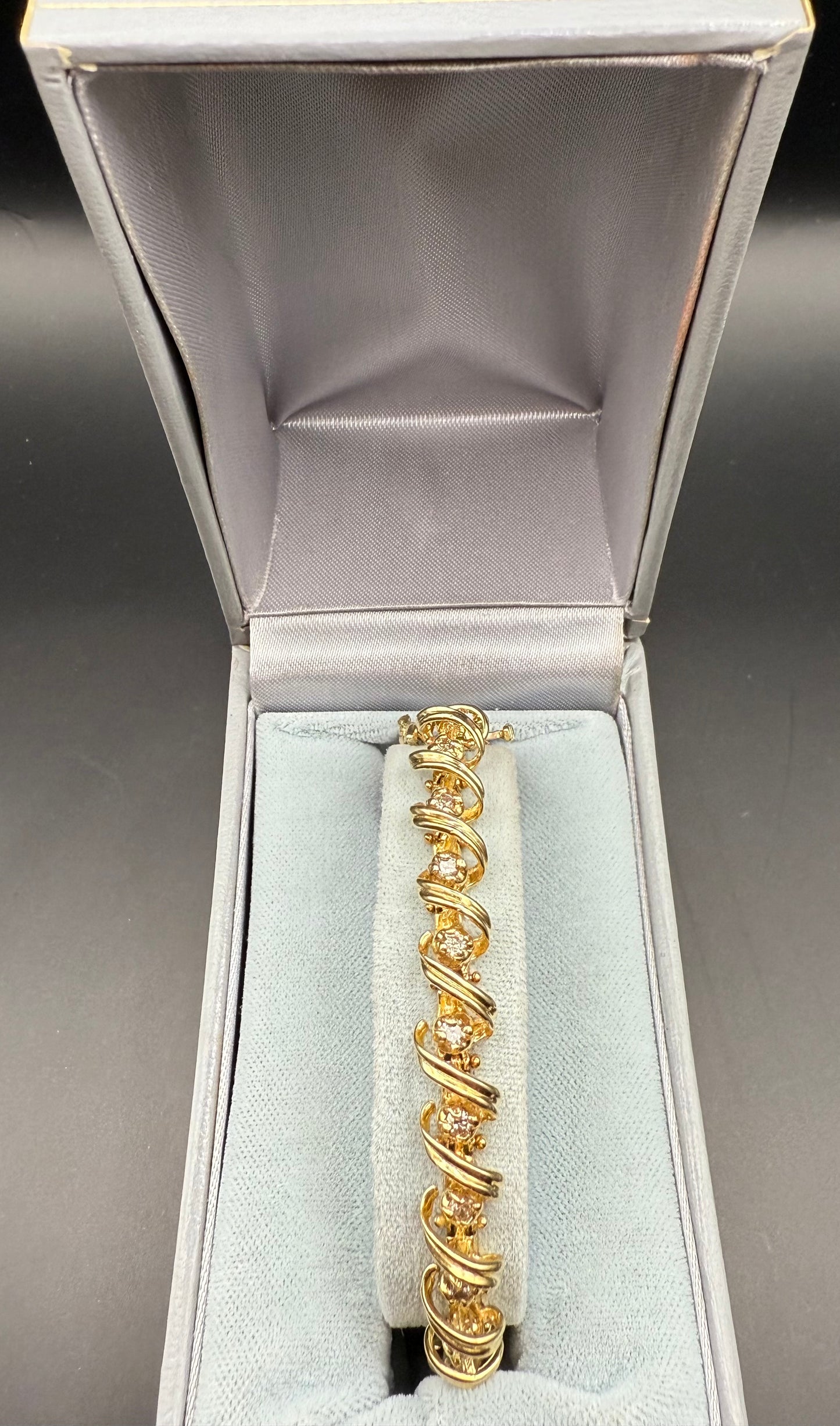 14K yellow gold diamond scroll loop tennis bracelet in presentation box