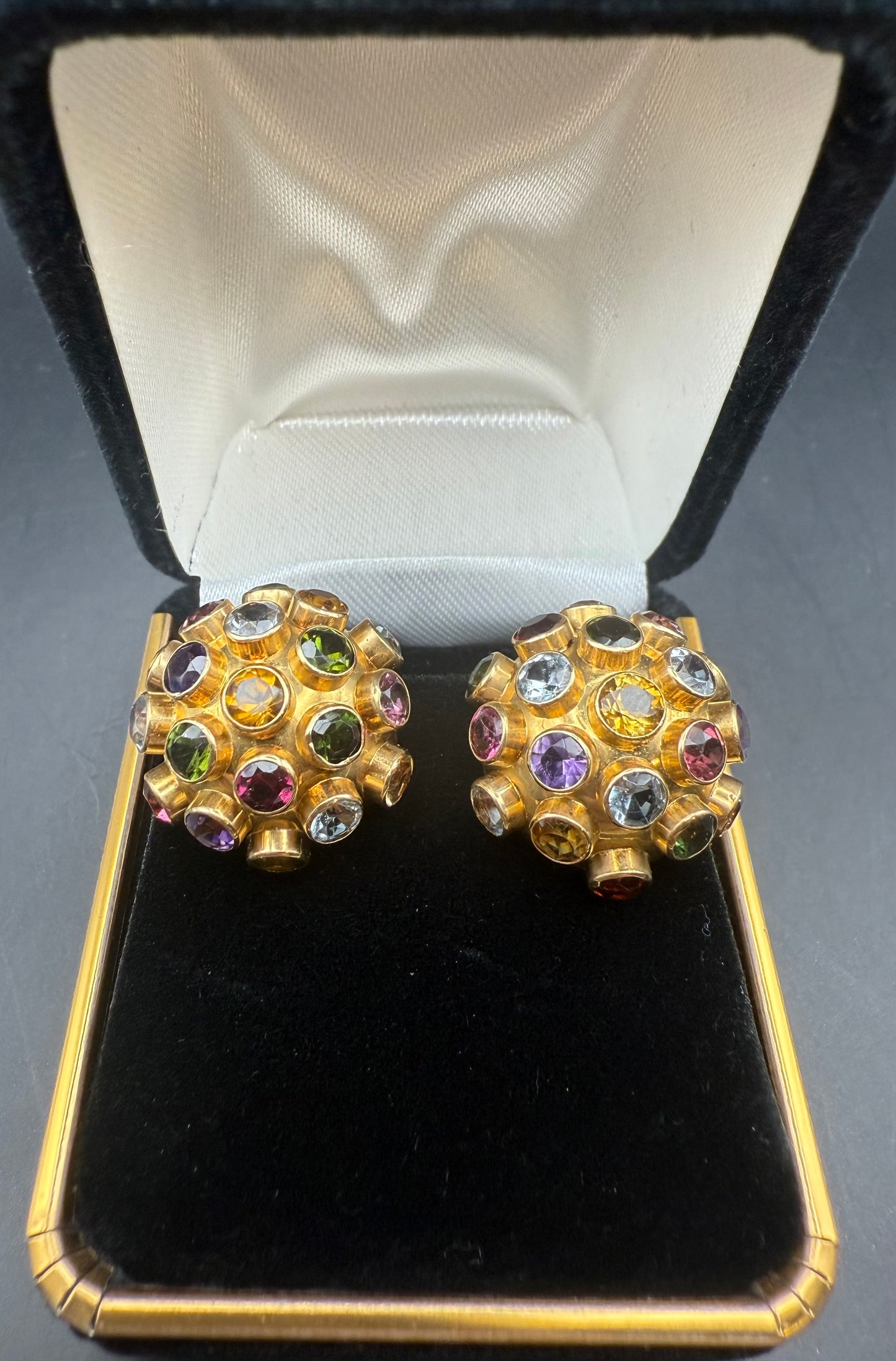 18K gold multi-gemstone Sputnik earrings in vintage velvet box