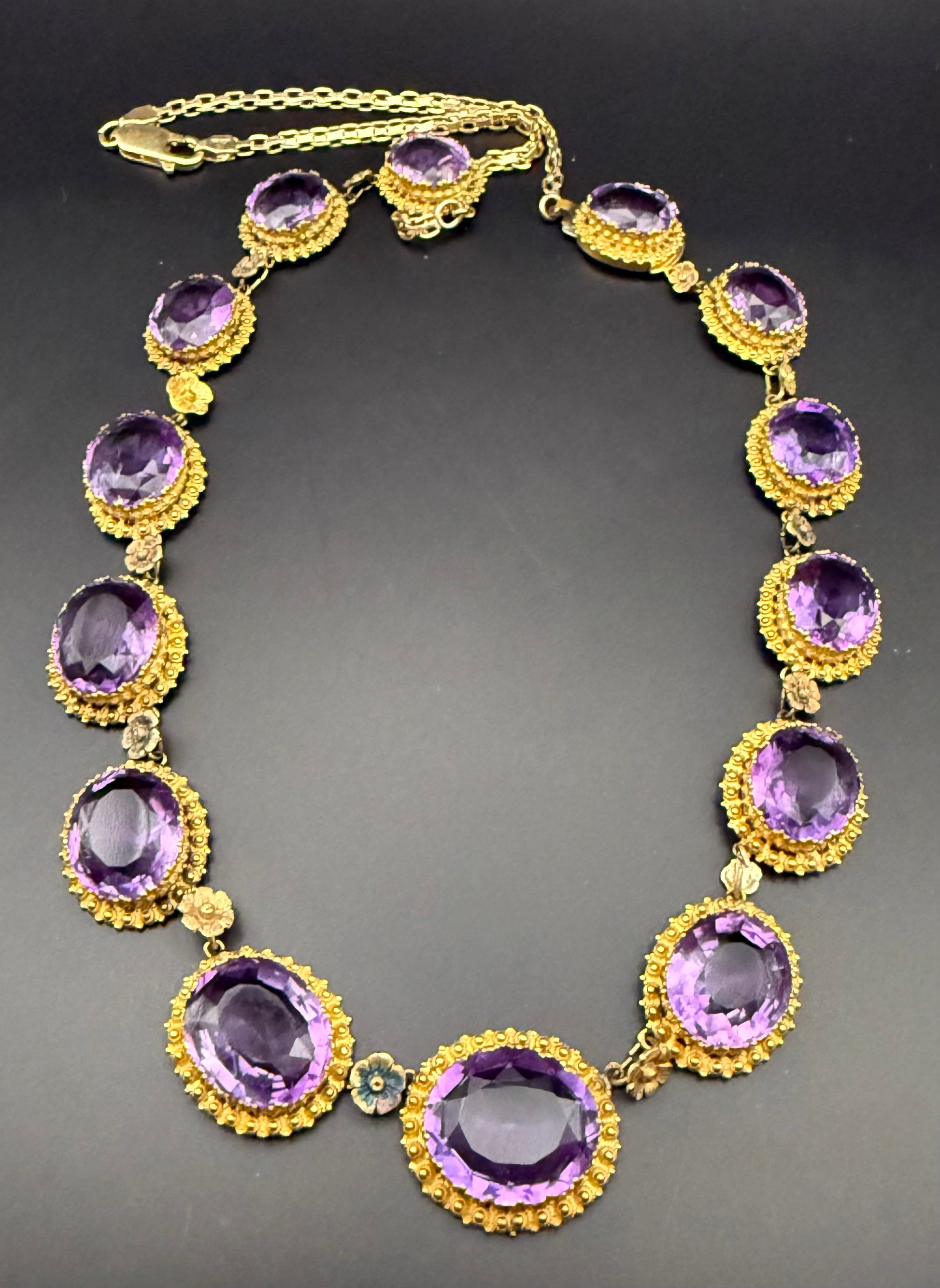 Antique Victorian amethyst necklace with large oval purple stones in gold settings