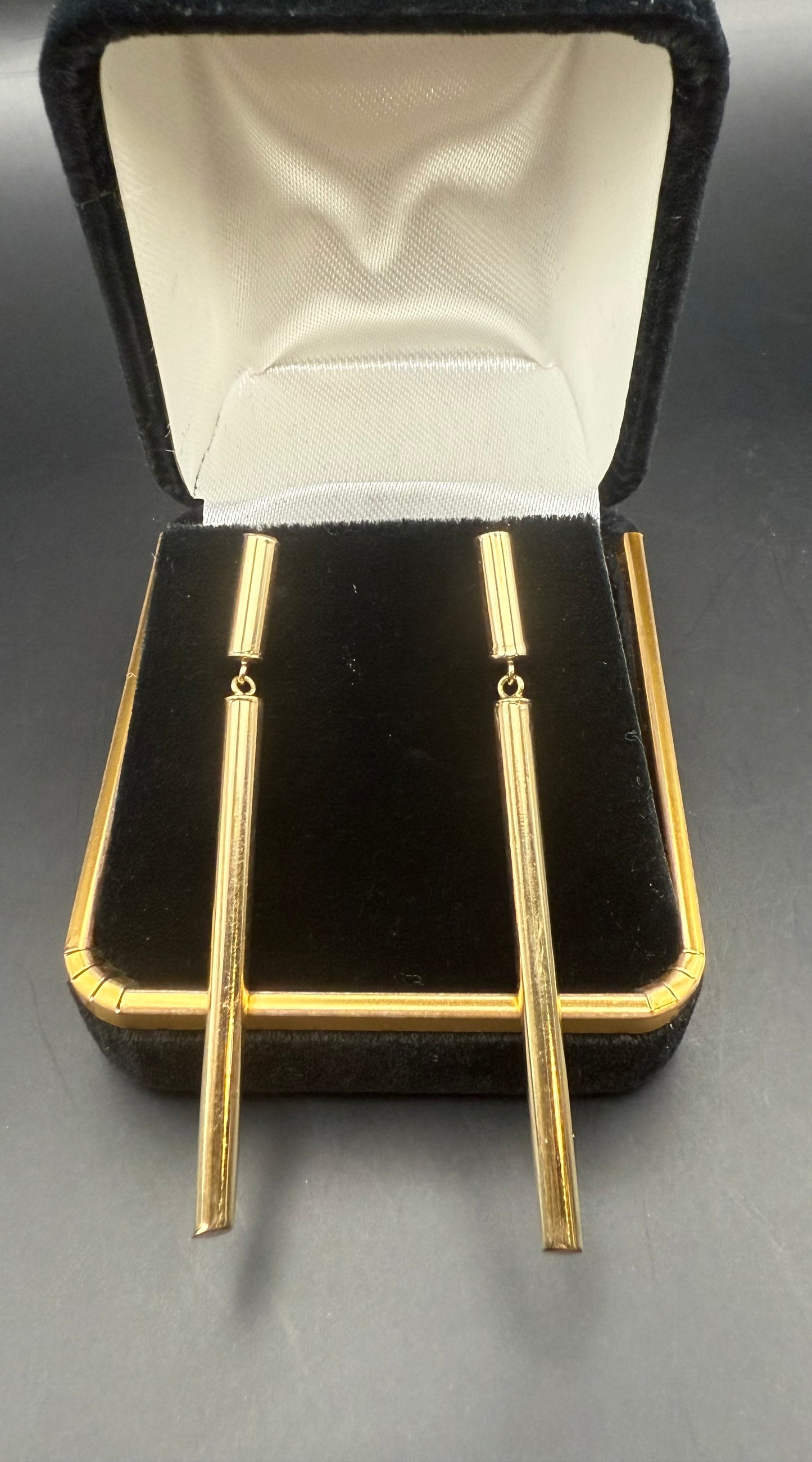 Close-up of polished tubular drop earrings in presentation box