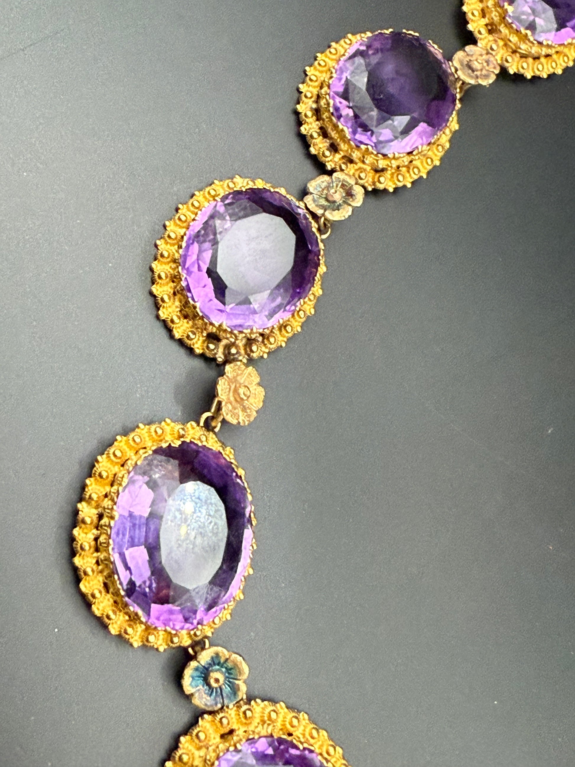 Detail of Victorian necklace with floral gold and enamel accents