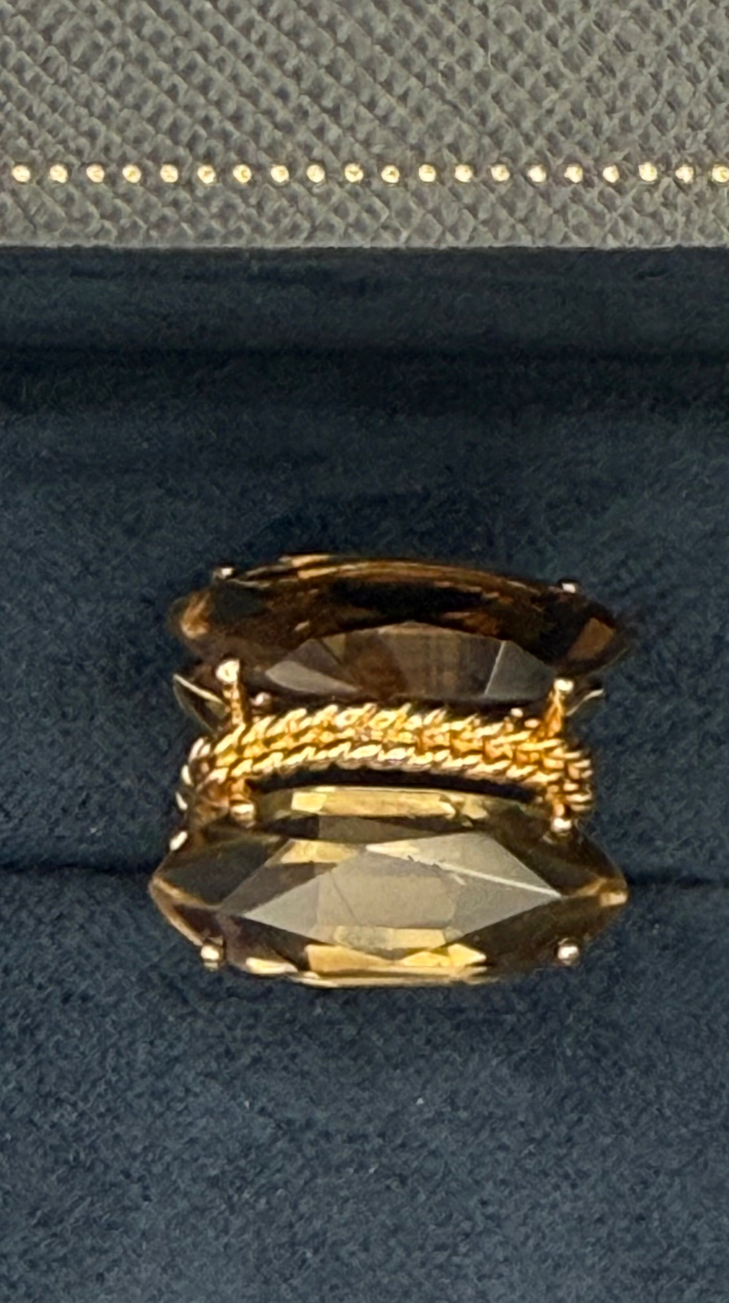 Mid-century 14k gold smoky topaz cocktail ring in blue velvet box