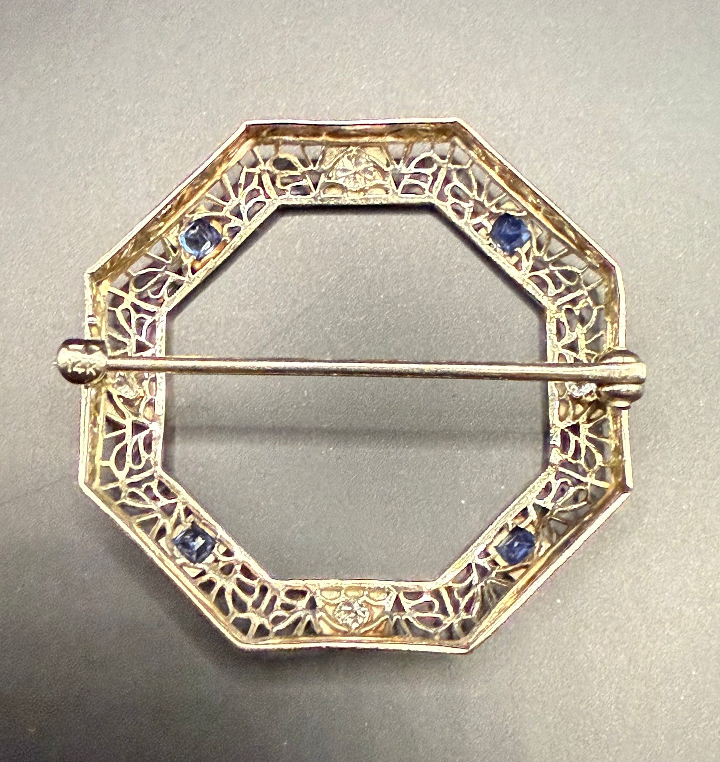 Octagonal sapphire and diamond brooch, antique white gold filigree – back view