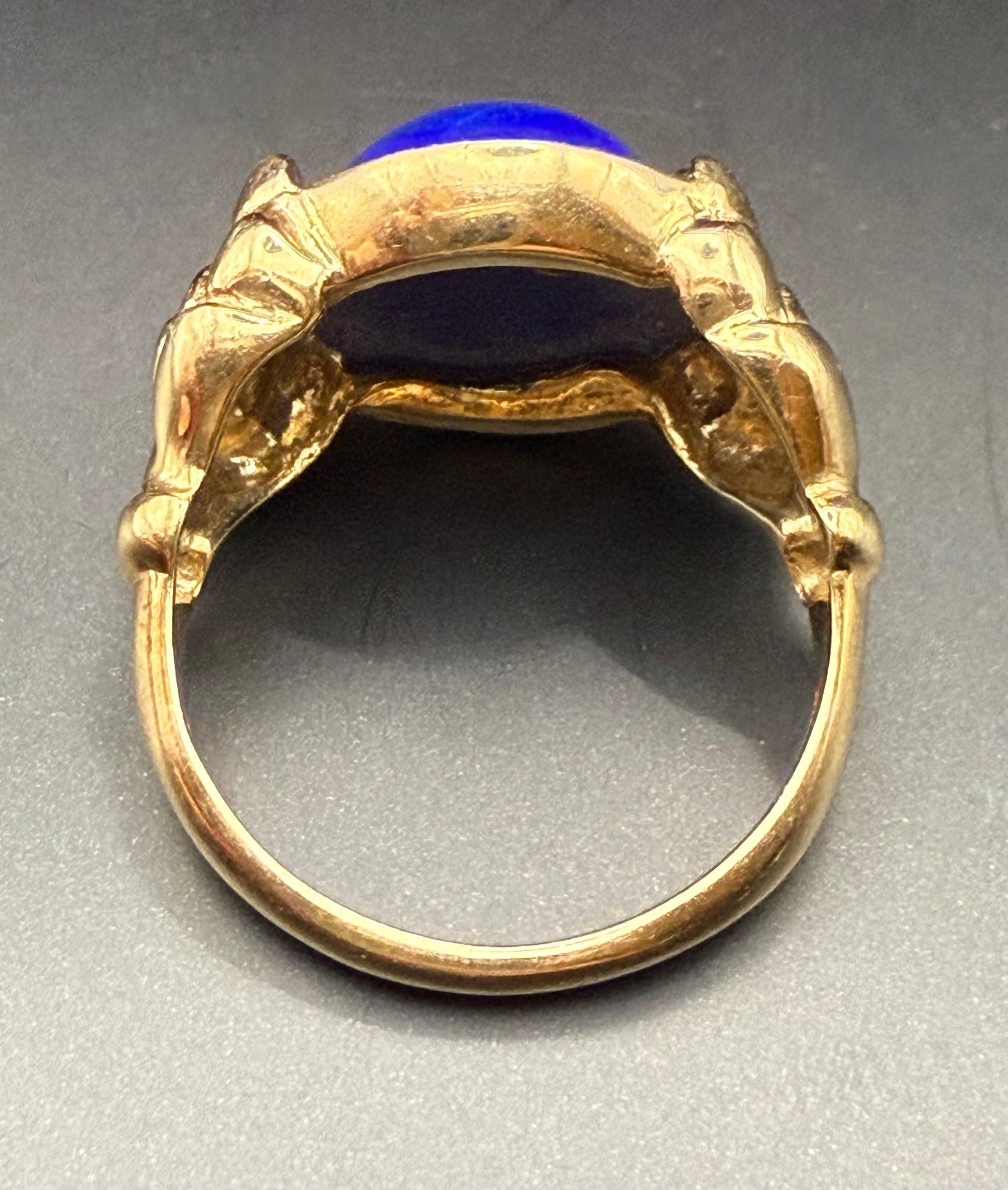 Underside of antique 10K gold lapis ring showing intricate handmade craftsmanship.