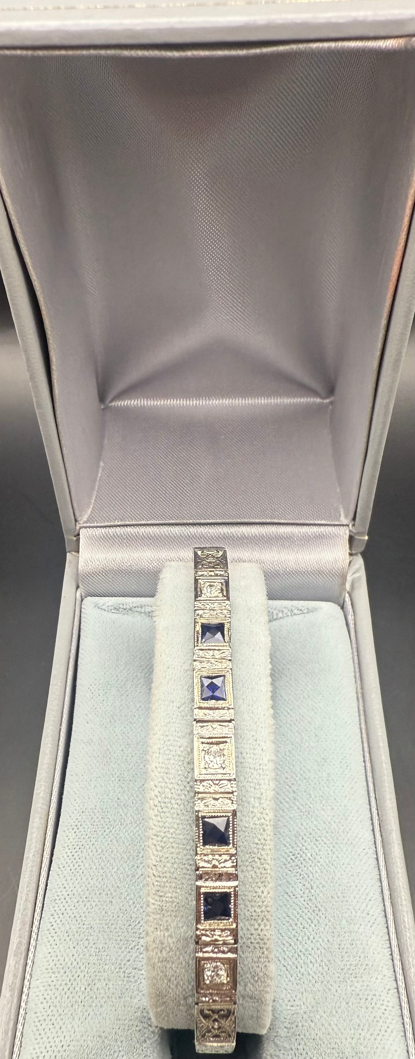 Vintage 1920’s Art Deco 18K white gold filigree bracelet with alternating diamonds and sapphires in original display box